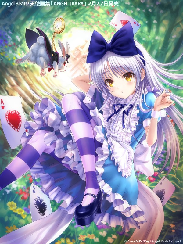 1girl ace_of_clubs ace_of_diamonds ace_of_hearts ace_of_spades alice_(wonderland) alice_(wonderland)_(cosplay) alice_in_wonderland angel_beats! apron black_footwear blue_dress bow bunny card club_(shape) commentary_request cosplay diamond_(shape) dress forest frilled_apron frilled_dress frills full_body goto_p hair_bow heart long_hair looking_at_viewer mary_janes nature pantyhose playing_card shoes silver_hair spade_(shape) striped striped_legwear tenshi_(angel_beats!) white_apron white_rabbit wrist_cuffs yellow_eyes