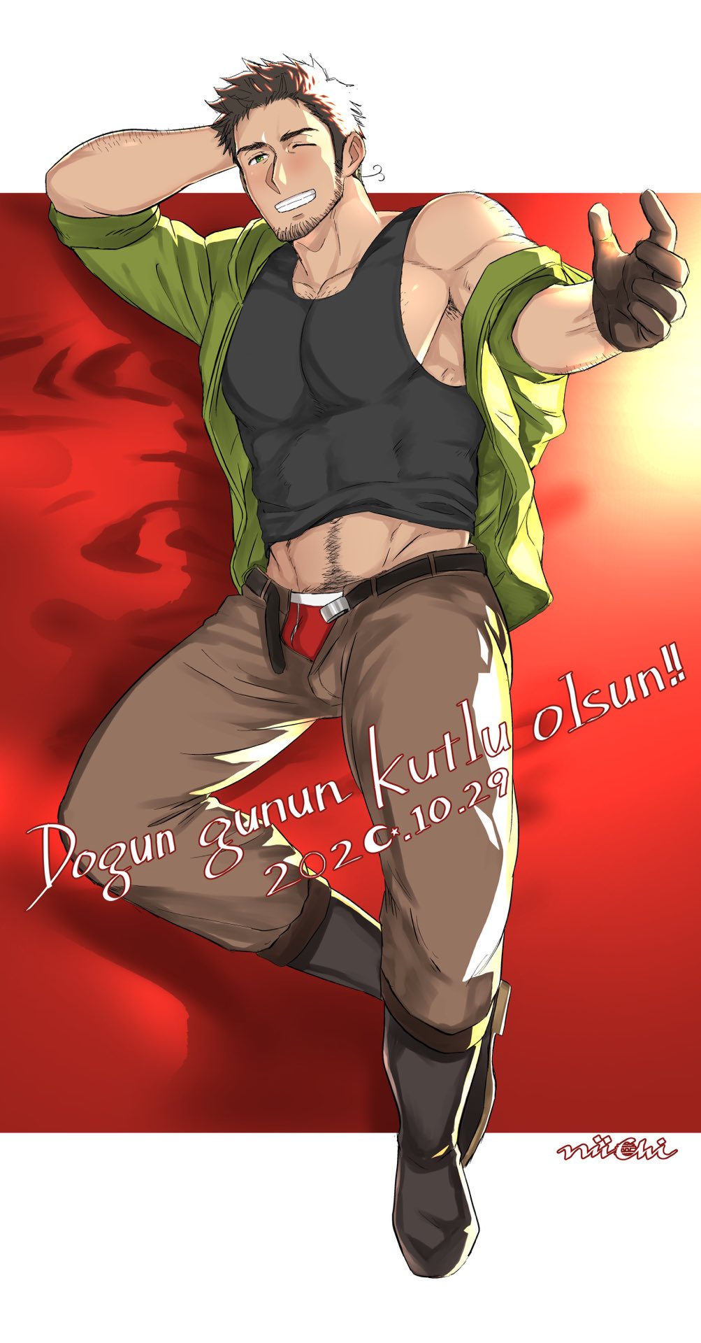 1boy axis_powers_hetalia bara beard beckoning black_tank_top blush brown_eyes brown_gloves brown_hair brown_pants bulge chest_hair facial_hair gloves green_jacket happy_birthday highres jacket large_pectorals leather_belt lying male_focus mature_male midriff_peek muscular muscular_male navel navel_hair niichi_(niichi21) off_shoulder on_side one_eye_closed open_clothes open_jacket open_pants pants red_male_underwear short_hair sidepec single_bare_shoulder smile solo stomach stubble tank_top thighs turkey_(hetalia)