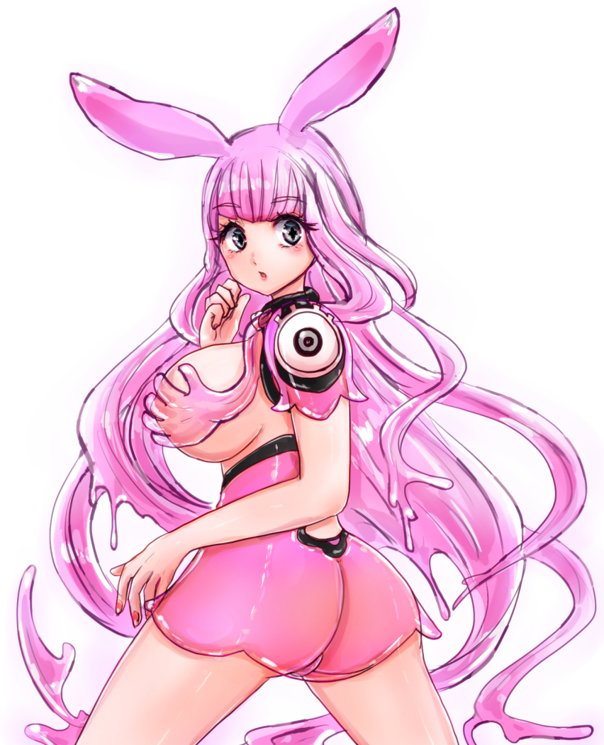 1girl animal_ears ass bare_arms breasts bunny_ears chemaru_(a8l) cowboy_shot eyebrows_visible_through_hair fingernails grey_eyes large_breasts legs_apart long_hair looking_at_viewer melona pink_hair pink_skirt prehensile_hair queen's_blade red_nails revealing_clothes see-through shiny shiny_skin skirt solo symbol-shaped_pupils white_background