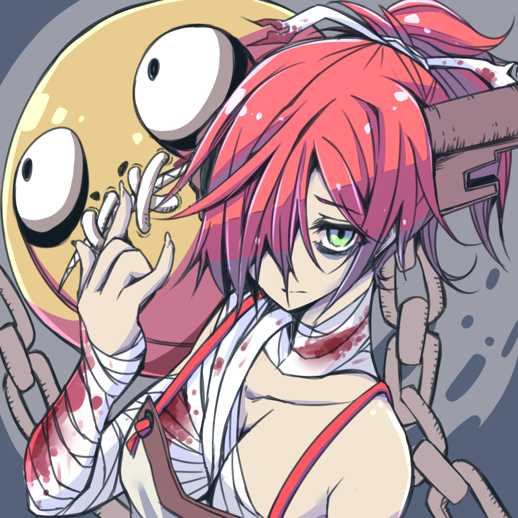 1girl a.b.a bandages blood blood_splatter bloody_bandages bloody_clothes chain green_eyes guilty_gear iguana_henshuu-chou key looking_at_viewer paracelsus red_hair short_hair