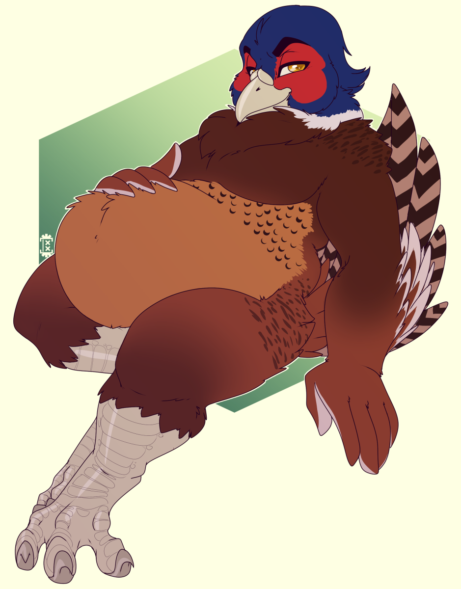 2018 4_toes 5_fingers anisodactyl anthro arm_tuft avian beak belly belly_markings belly_tuft big_belly biped bird black_markings black_stripes black_tail_feathers blue_body blue_feathers brown_body brown_feathers brown_stripes brown_tail_feathers cheek_tuft chest_tuft claws common_pheasant digital_media_(artwork) digitigrade eye_markings eyebrows facial_markings facial_tuft faisan feather_tuft feathered_wings feathers feet fingers fluffy full-length_portrait galliform grey_claws hand_on_stomach head_markings head_tuft hi_res leg_markings locosaltinc looking_at_viewer looking_away male markings multicolored_body multicolored_feathers multicolored_tail_feathers narrowed_eyes navel non-mammal_navel nude overweight overweight_anthro overweight_male phasianid phasianus portrait red_body red_feathers red_markings relaxing scutes signature simple_background sitting smile smiling_at_viewer smirk solo striped_feathers striped_tail stripes tail_feathers thick_eyebrows thick_thighs three-quarter_view toe_claws toes tuft white_beak white_body white_feathers white_tail_feathers wide_hips winged_arms wings yellow_eyes