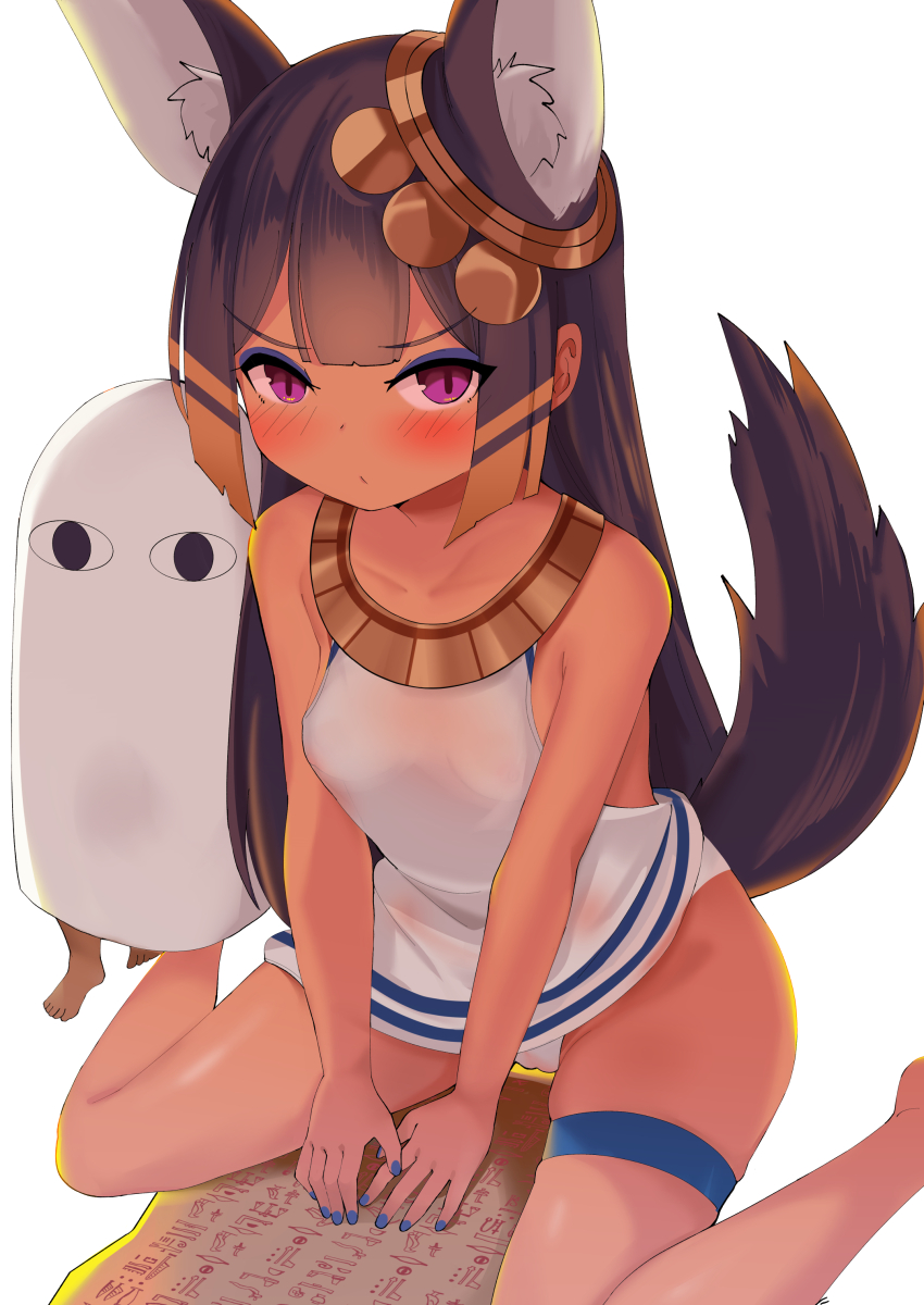 &lt;o&gt;_&lt;o&gt; 1girl animal_ear_fluff animal_ears bangs bare_arms bare_shoulders barefoot blue_nails blush breasts brown_hair closed_mouth collarbone dark_skin dark_skinned_female dress egyptian egyptian_clothes eyebrows_visible_through_hair hieroglyphics highres long_hair looking_at_viewer medjed_(mythology) nail_polish original panties purple_eyes simple_background sitting skindentation sleeveless sleeveless_dress small_breasts standing tail thigh_strap toy_box-r underwear v-shaped_eyebrows very_long_hair wariza white_background white_dress white_panties