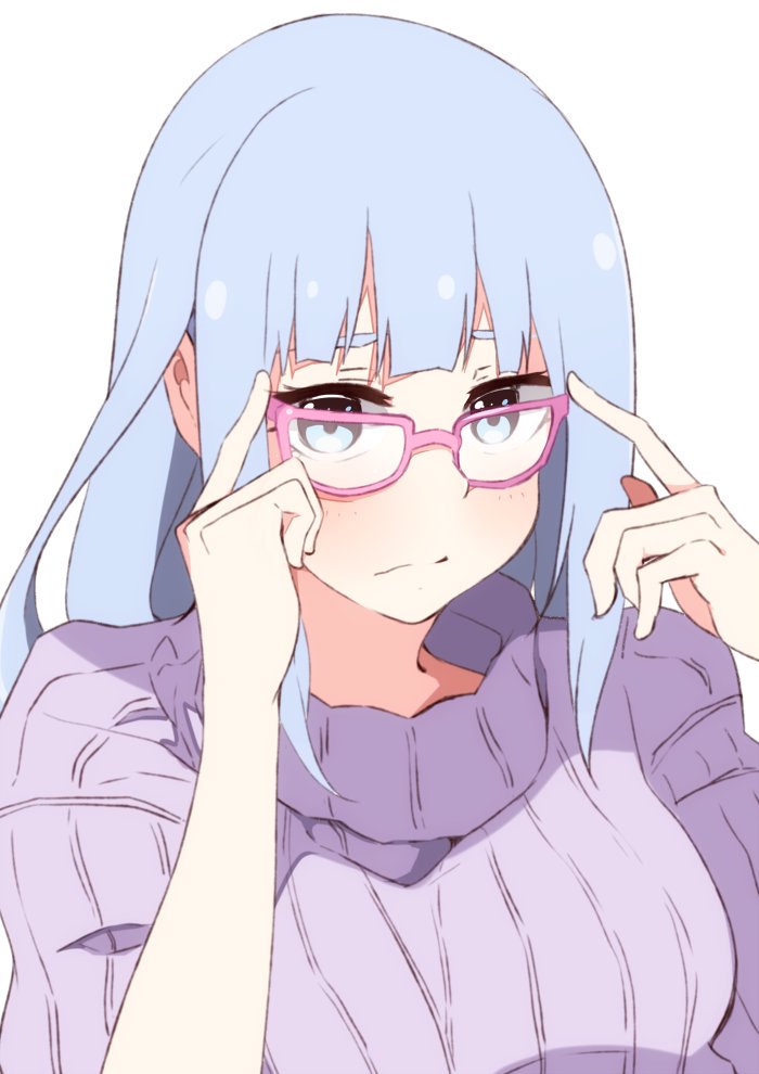 1girl adjusting_eyewear bangs blue_eyes blue_hair blush breasts closed_mouth commentary_request enelis eyebrows_behind_hair hands_up idolmaster idolmaster_million_live! idolmaster_million_live!_theater_days long_hair looking_at_viewer medium_breasts pink-framed_eyewear purple_sweater ribbed_sweater shiraishi_tsumugi simple_background solo sweater turtleneck turtleneck_sweater upper_body wavy_mouth white_background