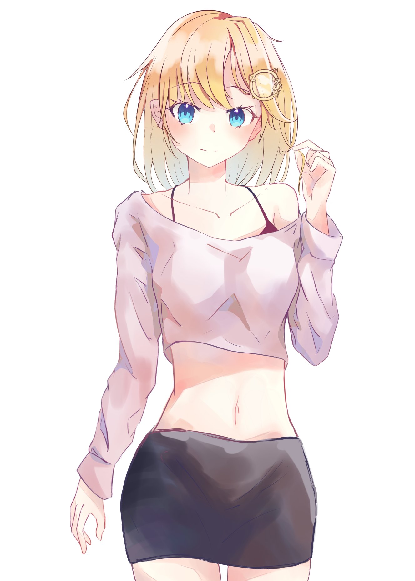 1girl blonde_hair blue_eyes blush breasts closed_mouth eyebrows_visible_through_hair hair_ornament highres hololive hololive_english looking_at_viewer navel ornament shironekokfp short_hair smile solo standing virtual_youtuber watson_amelia white_background