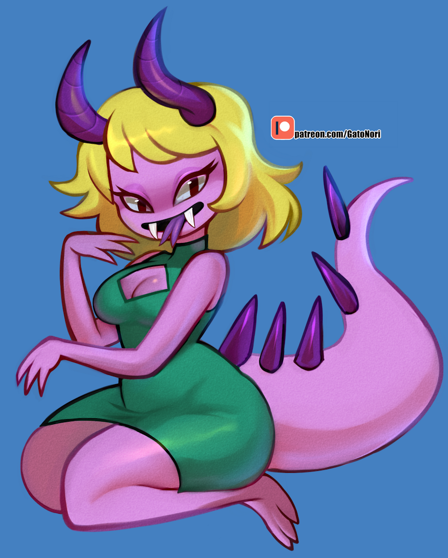 3_fingers 3_toes adventure_time anthro big_tail blonde_hair blue_background cartoon_network cleavage_cutout clothing dress eyelashes fangs feet female fingers green_clothing green_dress hair horn kneeling lizard lizard_princess looking_at_viewer norithecat patreon pupils purple_body purple_horn purple_spikes purple_tail purple_tongue red_eyes reptile scalie shaded simple_background slit_pupils smile smiling_at_viewer snake_tongue text thick_thighs toes tongue url