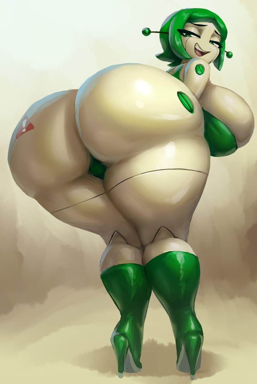 bent_over big_breasts big_butt breasts butt clothing female green_hair hair hi_res higheels huge_butt machine noonun not_furry robot solo thick_thighs thong underwear