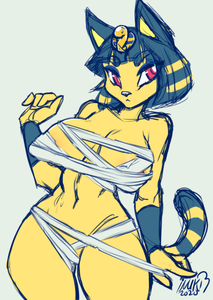 2021 4_fingers animal_crossing ankha_(animal_crossing) anthro bandage big_breasts blue_hair breasts clothed clothing digital_media_(artwork) domestic_cat egyptian felid feline felis female fingers fur hair inuki mammal nintendo red_eyes simple_background skimpy solo standing uraeus video_games white_background yellow_body