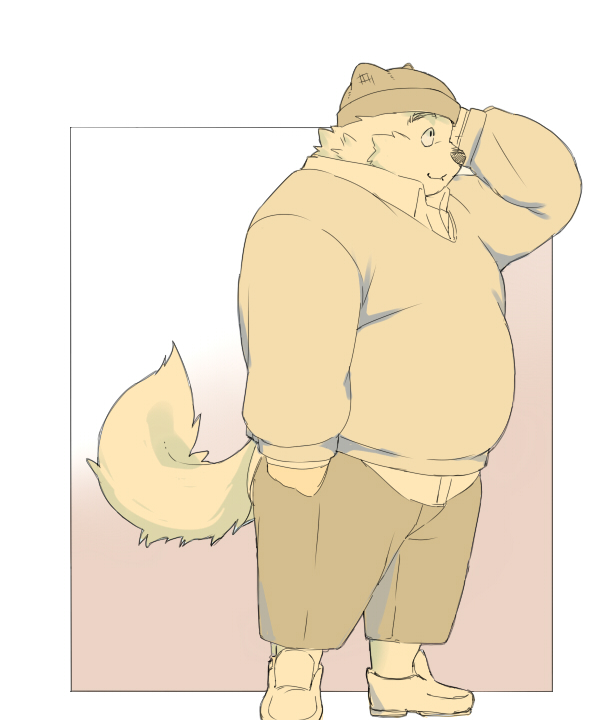 2021 anthro biped bottomwear canid canine canis clothing domestic_dog hat headgear headwear inunoshippo kemono male mammal overweight overweight_anthro overweight_male pants solo sweater topwear