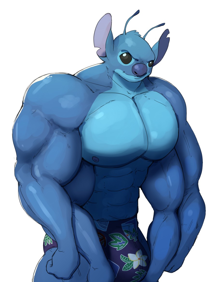 2021 4_arms abs alien antennae_(anatomy) anthro anthrofied biceps big_muscles biped black_eyes blue_body blue_fur blue_nipples blue_nose bulge clothing digital_media_(artwork) dipstick_antennae disney dumbcerb experiment_(lilo_and_stitch) fur head_tuft huge_muscles lilo_and_stitch male meme multi_arm multi_limb multicolored_antennae muscular muscular_anthro muscular_male nipples pecs simple_background smile smirk solo speedo standing stitch_(lilo_and_stitch) swimwear tuft white_background