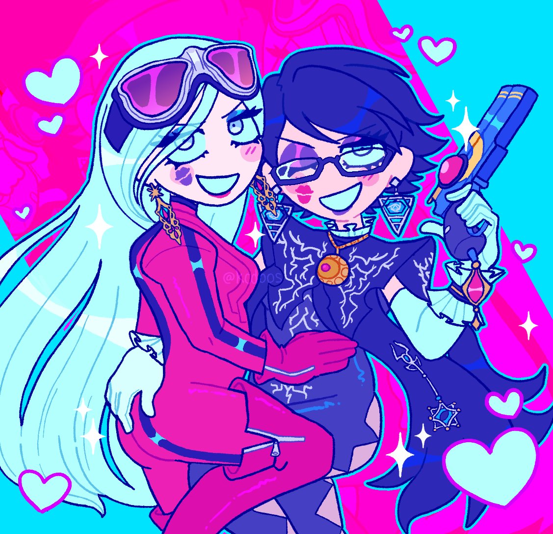 2girls alternate_costume aqua_background aqua_outline artist_name ass ass_grab bayonetta bayonetta_(character) black_hair blue_eyes blush_stickers bodysuit boots commentary couple earrings elbow_gloves english_commentary eyebrows_visible_through_hair eyeshadow eyewear_on_head glasses gloves gun handgun heart holding holding_gun holding_weapon jeanne_(bayonetta) jewelry kcdoos lipstick_mark long_hair looking_at_viewer makeup mole multicolored multicolored_background multiple_girls one_eye_closed open_mouth pistol purple_background purple_lips red_lips short_hair smile sparkle sunglasses symbol_commentary thigh_boots thighhighs translucent_hair twitter_username very_long_hair watermark weapon white_gloves yuri