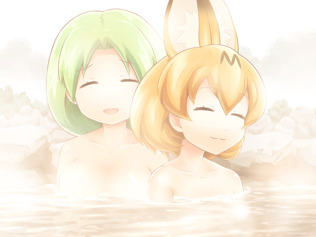 2girls :3 :d ^_^ animal_ears bangs bathing blonde_hair breasts closed_eyes closed_mouth collarbone commentary_request disconnected_mouth extra_ears eyebrows_visible_through_hair facing_viewer green_hair hair_between_eyes kemono_friends large_breasts mirai_(kemono_friends) multiple_girls navel nipples nude onsen open_mouth outdoors parted_hair partially_submerged rock serval_(kemono_friends) serval_ears shirosato short_hair small_breasts smile steam symbol_commentary water