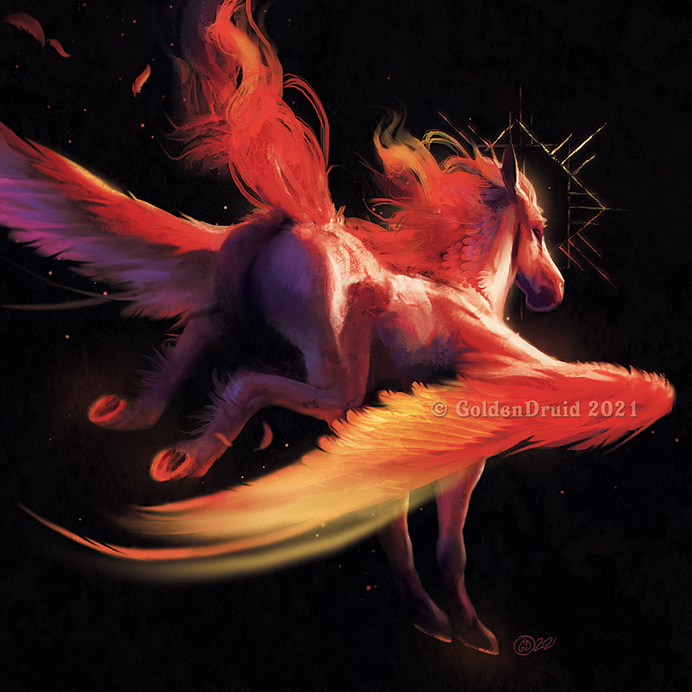1:1 2021 ambiguous_gender black_background butt digital_media_(artwork) digitigrade equid equine feathered_wings feathers feral glowing goldendruid hooves leaping mammal pegasus quadruped rear_view red_body red_feathers shaded simple_background solo wings yellow_body yellow_feathers