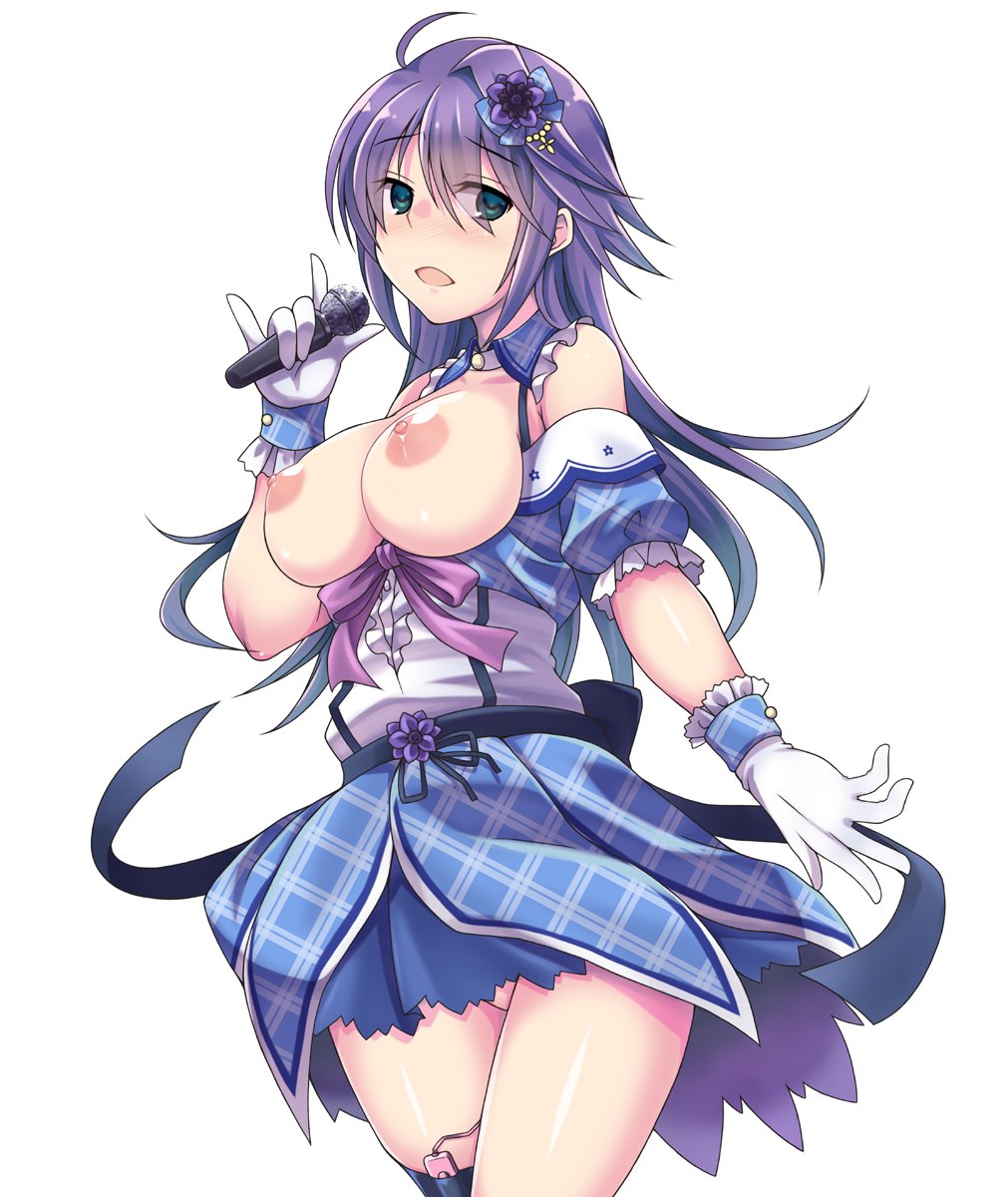 1girl \m/ anemone_(flower_knight_girl) back_bow black_bow blue_eyes blue_skirt bow breasts breasts_outside cowboy_shot detached_collar flower flower_knight_girl frills gloves hair_bow hair_flower hair_ornament highres holding holding_microphone idol kuroama large_breasts long_hair looking_at_viewer microphone nipples no_panties open_mouth purple_bow purple_hair shiny shiny_skin simple_background skirt solo standing white_background white_gloves