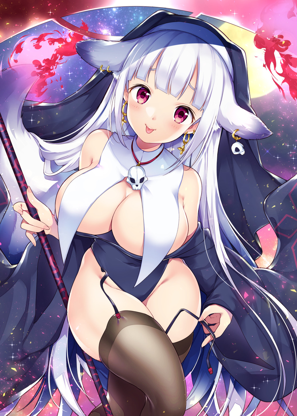 1girl :p animal_ears breasts cleavage earrings fox_ears fox_girl fox_tail highleg highleg_leotard highres jewelry large_breasts leotard long_hair miyano_ururu nun original red_eyes scythe silver_hair skull_earrings skull_necklace tail thighhighs tongue tongue_out