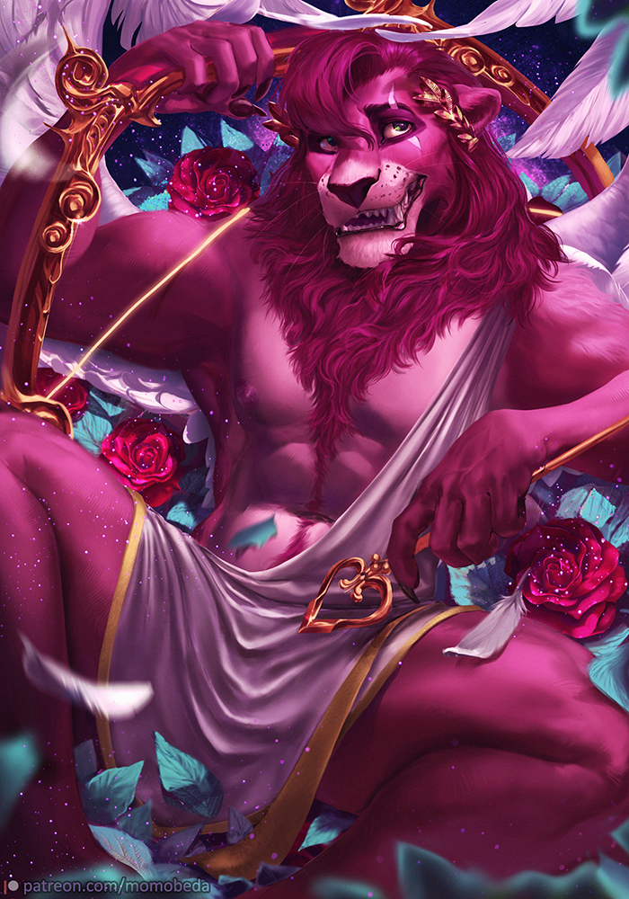 anthro bow_(weapon) clothing cupid cupid's_arrow disney felid flower fur holidays kovu lion male mammal momobeda nipples pantherine pink_body pink_fur plant ranged_weapon rose_(flower) solo the_lion_king toga valentine's_day weapon