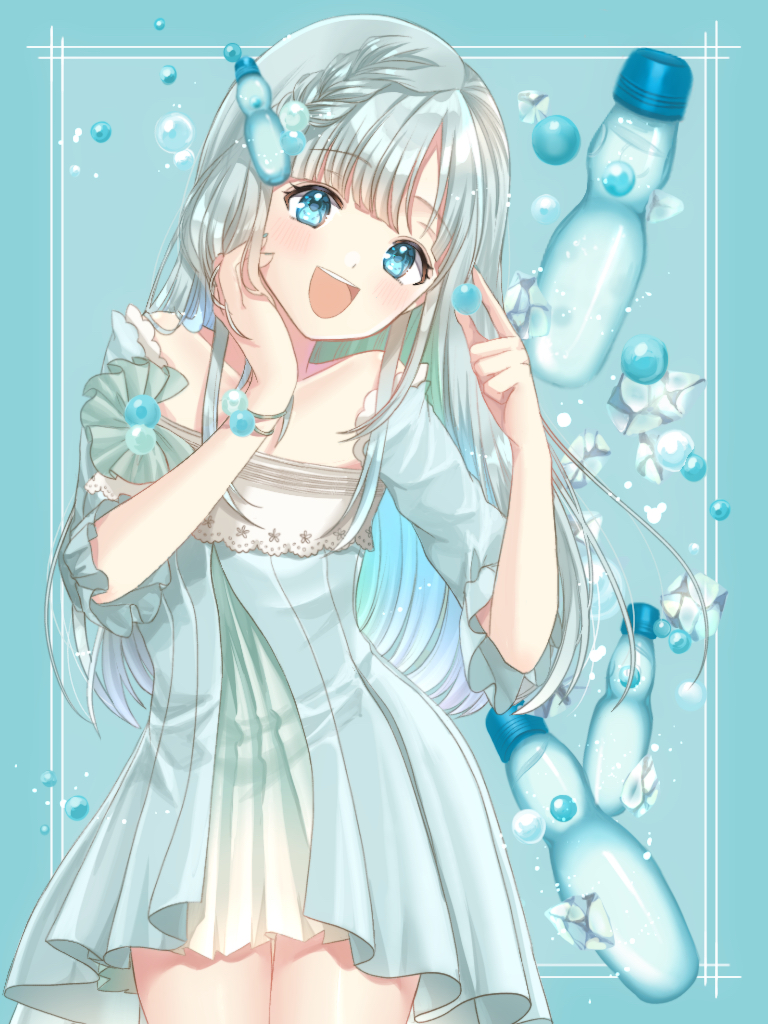 1girl :d arms_up blue_background blue_dress blue_eyes bottle bottle_hair_ornament bracelet braid commentary contrapposto cowboy_shot detached_sleeves dress hand_on_own_face head_tilt ice jewelry konpeito1025 layered_dress long_hair looking_at_viewer marble open_mouth original ramune short_dress short_sleeves side_braid silver_hair smile standing sundress upper_teeth very_long_hair