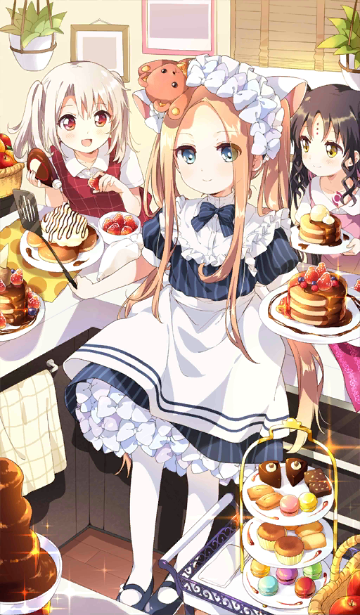 3girls :d abigail_williams_(fate) alternate_hairstyle animal_ears apron aqua_eyes basket black_hair blonde_hair blue_bow blue_dress blue_legwear blueberry bottle bow cat_ears chocolate chocolate_syrup commentary cook's_heart_(fate) craft_essence dress fate/grand_order fate_(series) food forehead fruit hair_bow holding holding_bottle holding_food holding_fruit holding_plate holding_spatula illyasviel_von_einzbern long_hair macaron mary_janes multiple_girls namori open_mouth pancake pastry_bag plate puffy_short_sleeves puffy_sleeves raspberry red_eyes sesshouin_kiara_(lily) shirt shoes short_sleeves silver_hair smile spatula squeeze_bottle strawberry striped stuffed_animal stuffed_toy teddy_bear tiered_tray towel twintails vertical-striped_dress vertical_stripes very_long_hair waist_apron white_bow white_legwear white_shirt yellow_eyes