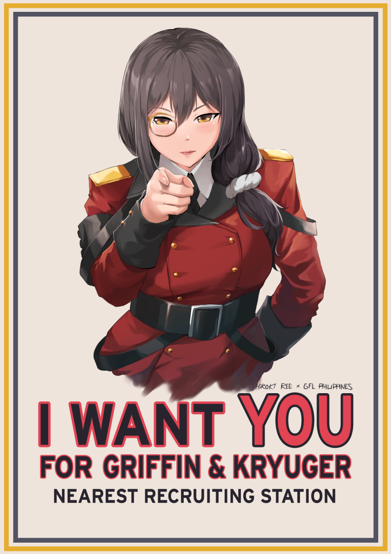 1girl artist_name bangs belt black_belt black_hair black_neckwear english_commentary english_text girls_frontline hair_between_eyes hair_ornament helianthus_(girls_frontline) hiroki_ree i_want_you lips long_hair looking_at_viewer military military_uniform monocle parody pointing pointing_at_viewer poster_(object) scrunchie shirt solo uncle_sam uniform upper_body white_shirt yellow_eyes