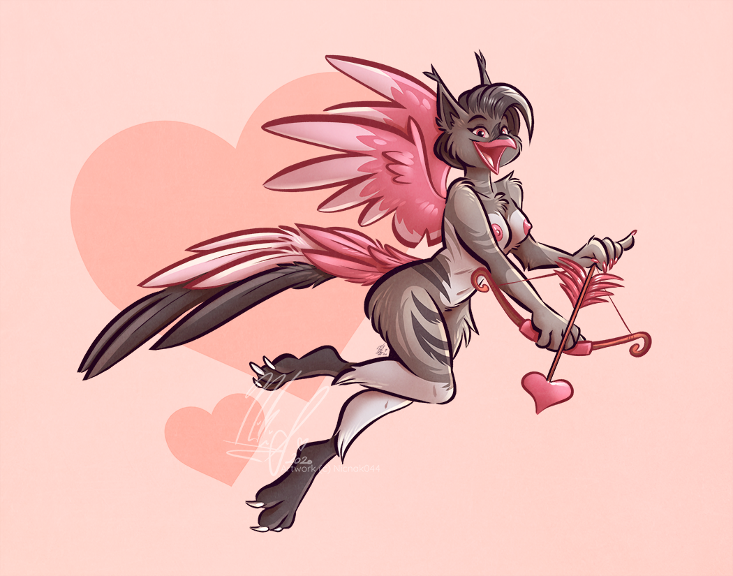 anthro avian bow_(weapon) breasts cupid cupid's_arrow feathers female gryphon holidays hybrid mythological_avian mythology nicnak044 nipples nude pinup pinup_pose pose ranged_weapon solo tail_feathers valentine's_day weapon wings