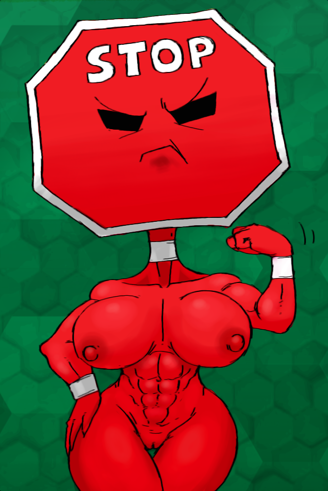 animate_inanimate areola big_breasts big_head black_eyes breasts collar english_text fan_character female flexing flexing_bicep for_a_head frown genitals geometria_(series) geometrian_(species) humanoid muscular muscular_female nipples not_furry nude object_head pussy red_body red_skin shirtbusters stop_sign text traffic_sign wristband