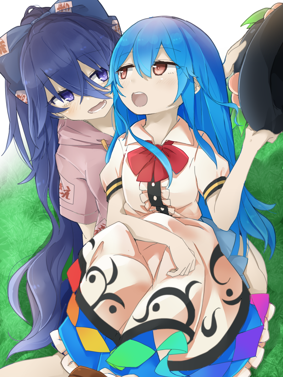 2girls bangs black_headwear blouse blue_bow blue_eyes blue_hair blue_skirt bow bowtie brown_eyes center_frills dark_blue_hair eyebrows_visible_through_hair food frilled_skirt frills fruit grey_hoodie hair_between_eyes hair_bow hat hat_removed headwear_removed highres hinanawi_tenshi holding holding_clothes holding_hat hood hoodie leaf long_hair multiple_girls ofuda_on_clothes on_grass open_mouth peach rainbow_order red_bow red_neckwear short_sleeves sitting skirt touhou tyouseki white_blouse yorigami_shion