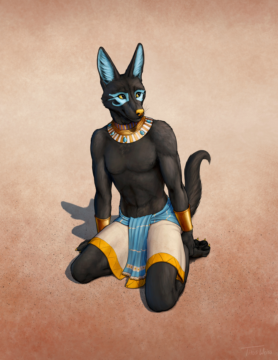 2021 anthro anubian_jackal canid canine canis clothed clothing digital_media_(artwork) feet fingers hi_res jackal kneeling male mammal orange_nose smile solo titusw toes yellow_eyes