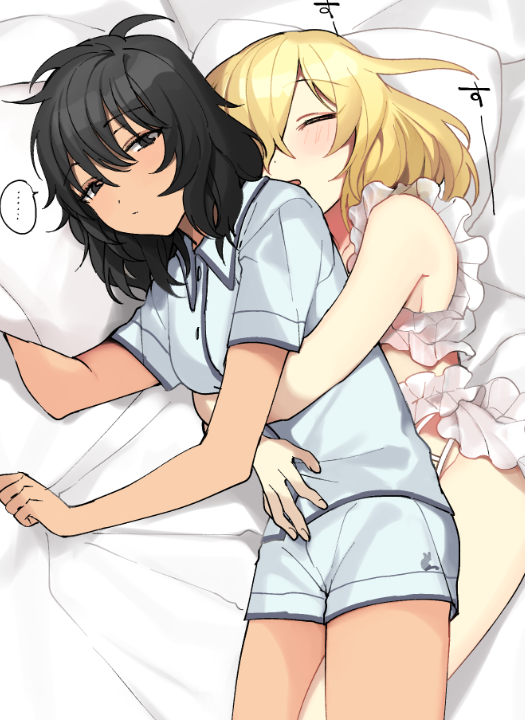 ... 2girls andou_(girls_und_panzer) bangs bed_sheet black_eyes black_hair blonde_hair blue_shirt blue_shorts bra closed_eyes closed_mouth commentary frilled_bra frilled_panties frills from_above girls_und_panzer half-closed_eyes hug hug_from_behind lingerie lying medium_hair messy_hair multiple_girls on_bed on_side open_mouth oshida_(girls_und_panzer) pajamas panties pillow shirt short_sleeves shorts sleeping sleepwear sleepy smile spoken_ellipsis spooning tan3charge underwear underwear_only white_panties yuri