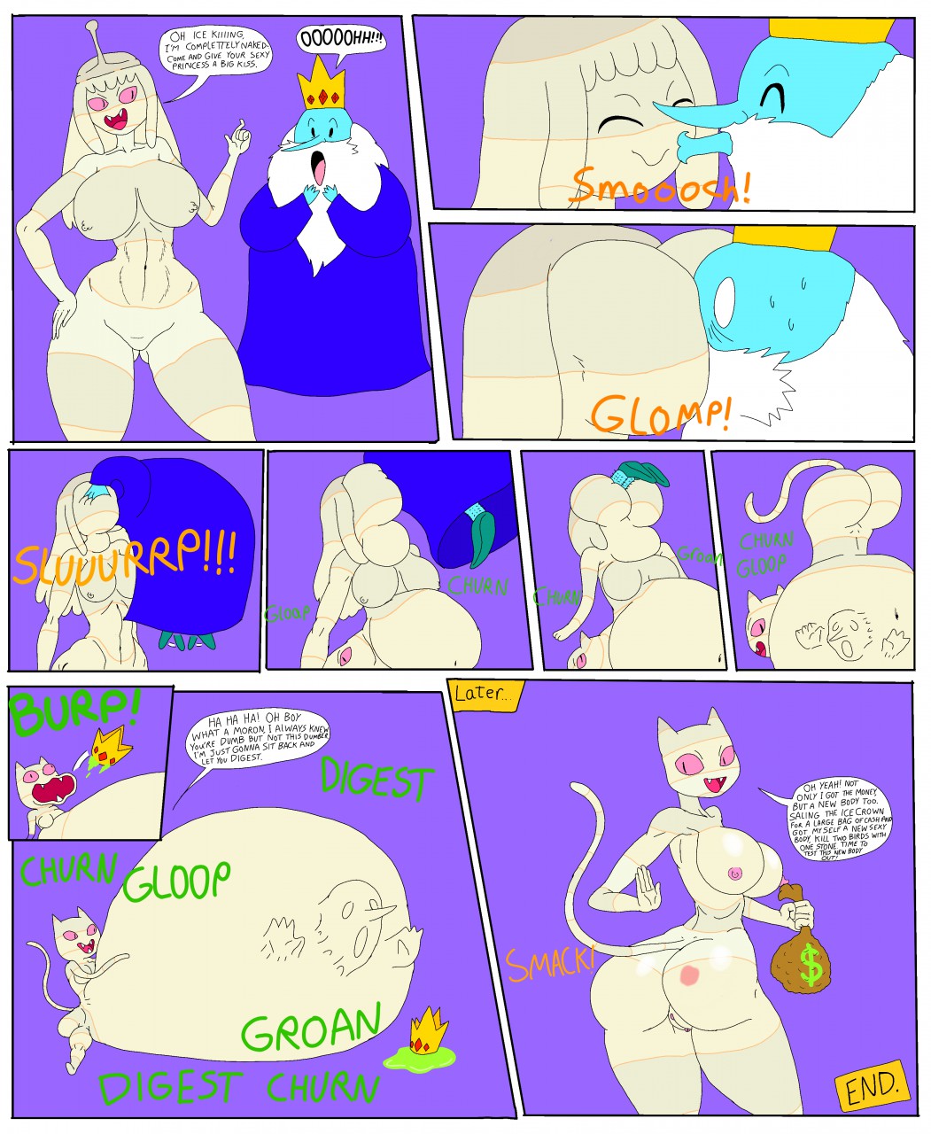 adventure_time anal anal_vore anonymous_artist anthro belly big_belly big_breasts big_butt breasts burping butt butt_transformation cartoon_network comic crown digestion domestic_cat duo felid feline felis female genitals hi_res human humanoid ice_king kissing_ass male mammal me-mow money_bag nipples nude presenting presenting_hindquarters presenting_pussy princess_bubblegum pussy shape_shifter slapping_butt unknown_artist vore