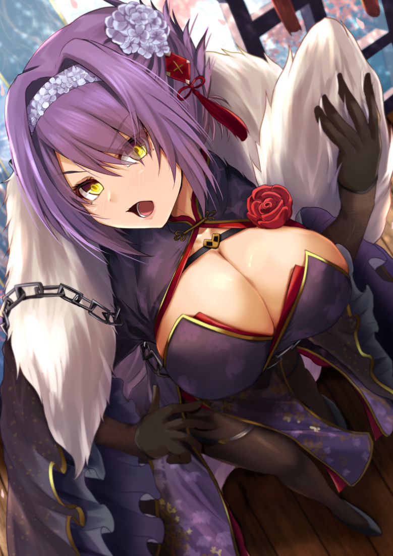 1girl azur_lane black_gloves blush breasts china_dress chinese_clothes cleavage crossed_legs dress eyebrows_visible_through_hair feather_boa flower folded_ponytail gloucester_(azur_lane) gloucester_(brilliance_in_purple)_(azur_lane) gloves hair_flower hair_ornament hairband high_heels holding holding_paper kanzaki_kureha large_breasts lips long_sleeves looking_at_viewer looking_up official_art open_mouth pantyhose paper pelvic_curtain red_flower red_rose rose shrug_(clothing) side_slit smile solo standing thighband_pantyhose watson_cross window yellow_eyes