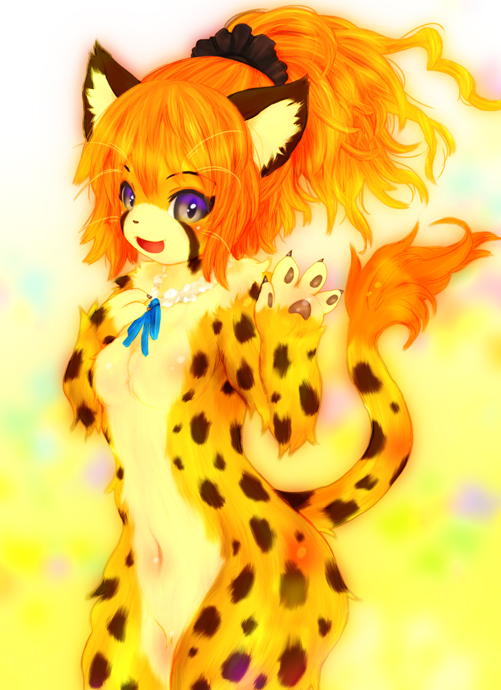2012 anthro breasts felid female fur hair looking_at_viewer mammal navel nude open_mouth pawpads simple_background smile solo spots spotted_body tetetor-oort yellow_body yellow_fur