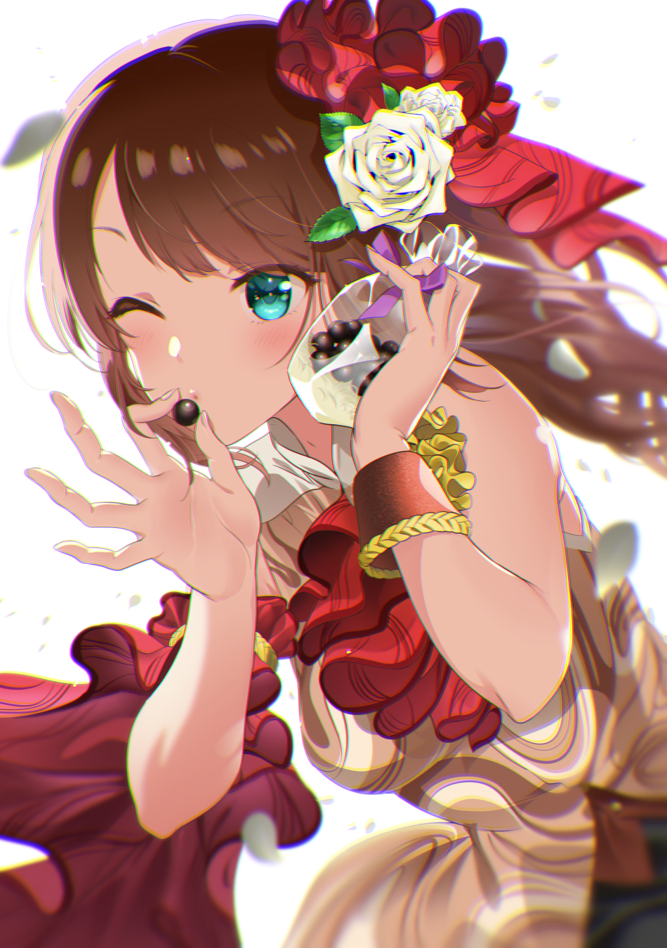 1boy andou_shuuki aqua_eyes bag bare_shoulders blurry blush bracelet brown_dress brown_hair chocolate chromatic_aberration commentary depth_of_field dress flower food frills hair_flower hair_ornament highres holding holding_bag holding_chocolate holding_food idol idolmaster idolmaster_side-m jewelry looking_at_viewer male_focus mizushima_saki one_eye_closed otoko_no_ko pursed_lips rose simple_background sleeveless solo upper_body white_background white_flower white_rose