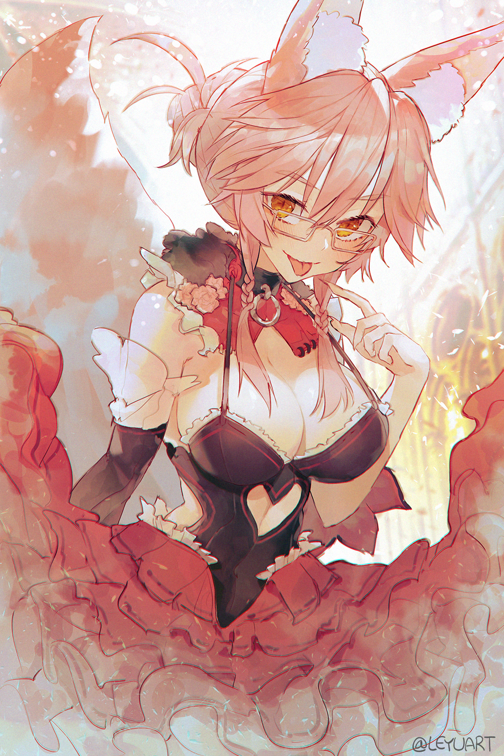 1girl animal_ear_fluff animal_ears breasts cleavage eyebrows_visible_through_hair fate/grand_order fate_(series) fingernails fox_ears fox_girl fox_tail glasses grey-framed_eyewear highres koyanskaya_(fate) large_breasts leyu long_fingernails looking_at_viewer o-ring pink_hair solo tail tamamo_(assassin)_(fate) tamamo_(fate)_(all) tongue valentine yellow_eyes