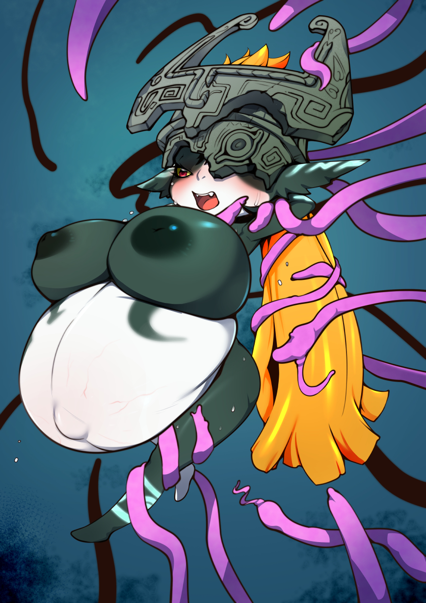 arm_grab belly big_belly big_breasts blonde_hair blush bodily_fluids bound breasts cum cum_inflation cute_fangs eyelashes female forced genital_fluids hair half-closed_eyes hands_behind_head hi_res humanoid inflation j7w leg_grab lifted mask midna narrowed_eyes navel nintendo nipples open_mouth puffy_nipples red_eyes suspension sweat tentacles the_legend_of_zelda twili twilight_princess video_games yellow_sclera