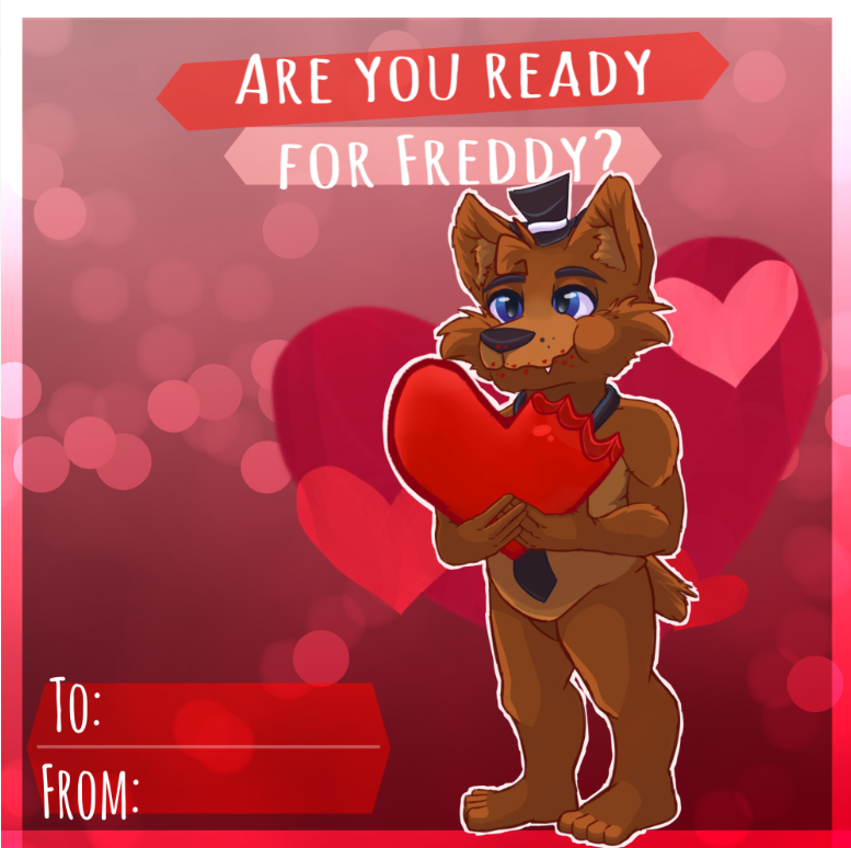 &lt;3 2019 alternate_species anthro blue_eyes brannahgirl brown_body brown_fur clothing dialogue eating english_text five_nights_at_freddy's food freckles freddy_(fnaf) fur furrification hat head_tuft headgear headwear holding_food holding_object holidays looking_away male mammal necktie scut_tail solo text tuft ursid ursine valentine's_day valentines_day_card video_games
