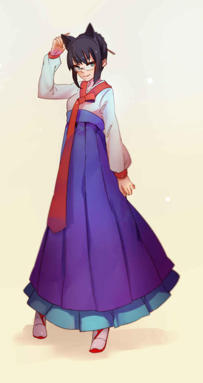 3four alternate_hairstyle analogue:_a_hate_story animal_ears black_hair cat_ears glasses green_eyes hair_bun hanbok hate_plus headgear highres hyun-ae korean_clothes smile solo