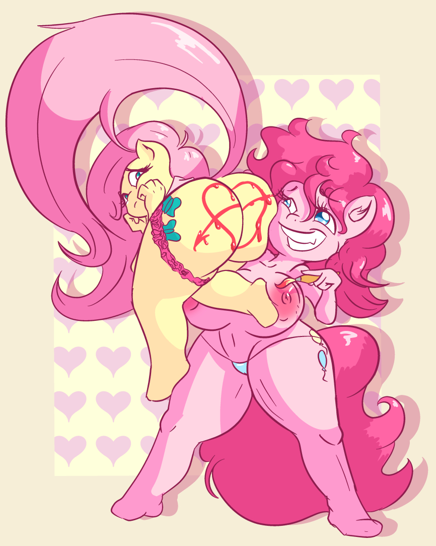 anthro big_breasts big_butt blue_eyes breasts brush butt buttcheecks duo equid equine female female/female fluttershy_(mlp) friendship_is_magic hair hasbro holidays horse long_hair mammal my_little_pony paintbrush pink_body pink_hair pinkie_pie_(mlp) pony smile snus-kun valentine's_day yellow_body