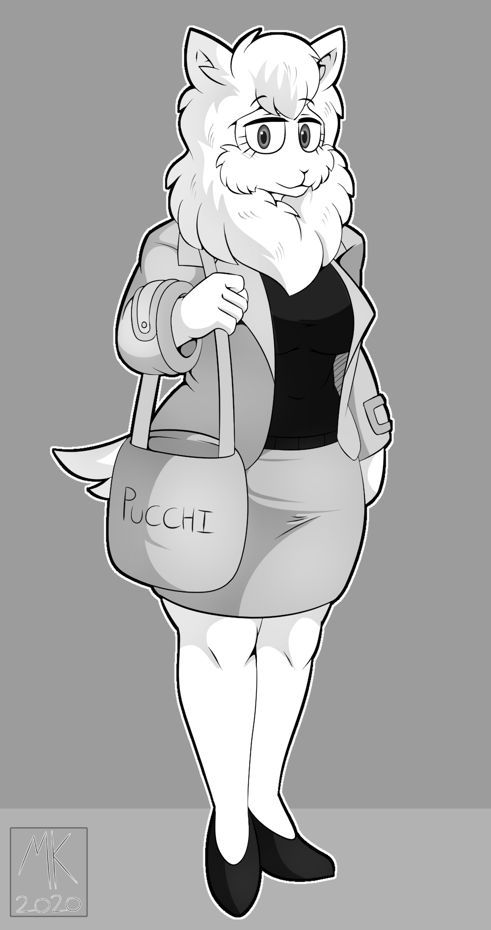 anthro beastars bottomwear bovid caprine clothed clothing digital_media_(artwork) domestic_sheep female fluffy fur grey_background hair hi_res looking_at_viewer mammal mklancer00 monochrome purse sebun_(beastars) sheep shirt simple_background skirt solo topwear white_body white_fur white_hair