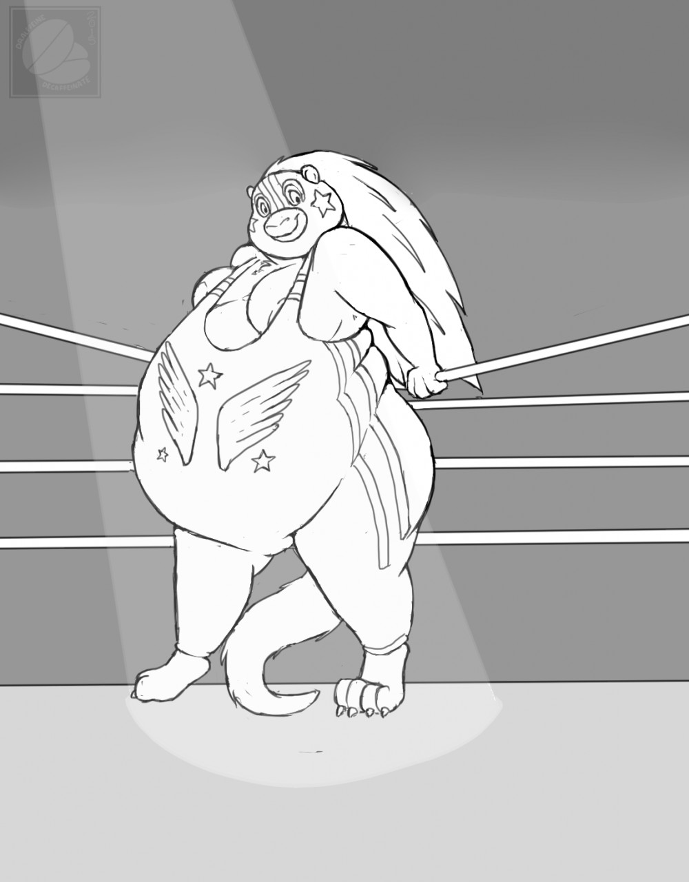 2015 3_fingers 4_toes anthro areola areola_slip barefoot belly big_belly big_breasts biped breasts claws cleavage clothed clothing coendou dralffeine erethizontid eyelashes female fighting_ring front_view full-length_portrait fur fur_tuft greyscale huge_breasts hyper hyper_belly leotard lighting long_tail looking_aside looking_away luchador mammal mask mexican_tree_porcupine monochrome neck_tuft obese obese_female overweight overweight_female porcupine portrait rodent smile snout solo spines spotlight standing star thick_thighs toe_claws toes tuft vuelo_(monoorange) wrestler