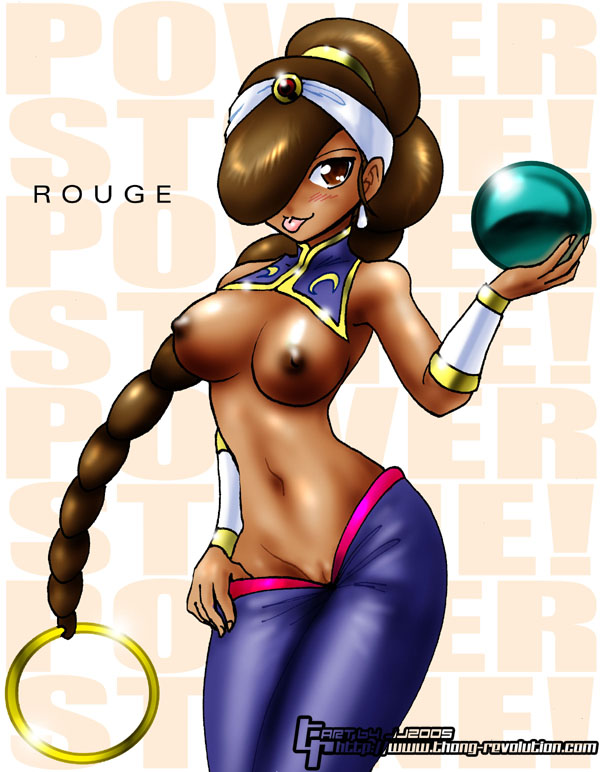 1girl arabian_clothes blush braid breasts brown_eyes brown_hair capcom dark_skin earring earrings hair_over_one_eye jewelry long_hair nipples no_panties power_stone pussy rouge rouge_(power_stone) scraped solo thong-revolution tongue uncensored