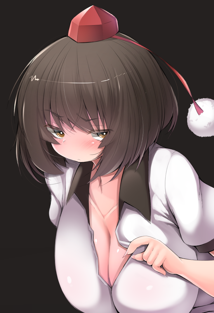 1girl alternate_eye_color black_background black_hair blush breasts brown_eyes cleavage collared_shirt commentary_request fingernails hat large_breasts looking_at_viewer shameimaru_aya sharp_fingernails shirt shishi_juuroku short_hair short_sleeves solo tokin_hat touhou