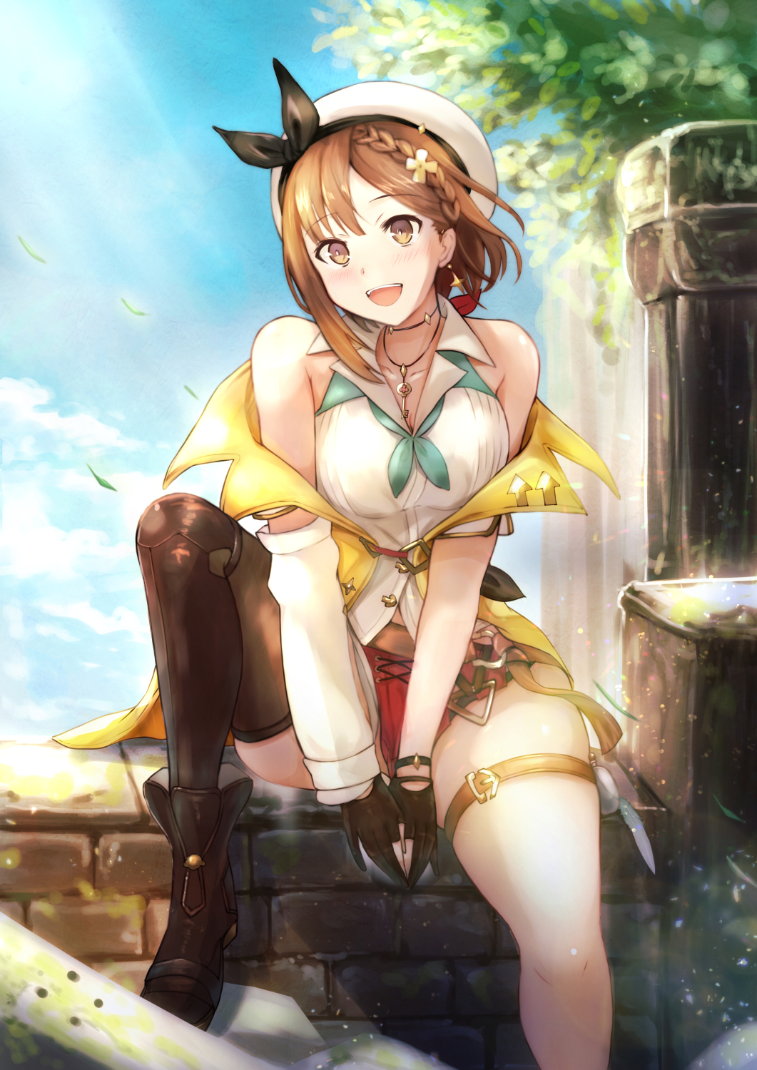 atelier_(series) atelier_ryza atelier_ryza_2 belt blue_sky braid brick_wall brown_belt brown_gloves brown_hair gloves hair_ornament highres jacket key_necklace leather leather_gloves red_shorts reisalin_stout short_hair short_shorts shorts sky sonia thick_thighs thigh_strap thighs tree white_headwear yellow_jacket