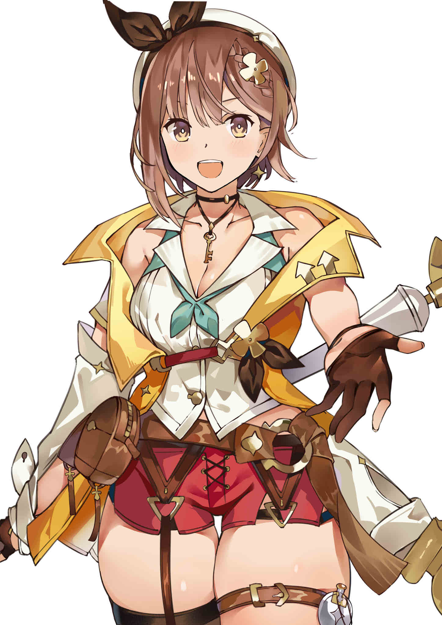 atelier_(series) atelier_ryza atelier_ryza_2 belt braid brown_belt brown_eyes brown_gloves brown_hair cowboy_shot gloves highres jacket key key_necklace leather leather_belt leather_gloves lingyan_heiye partially_fingerless_gloves red_shorts reisalin_stout short_hair short_shorts shorts single_sidelock single_thighhigh sleeveless sleeveless_jacket thick_thighs thigh_strap thighhighs thighs white_background white_headwear yellow_jacket