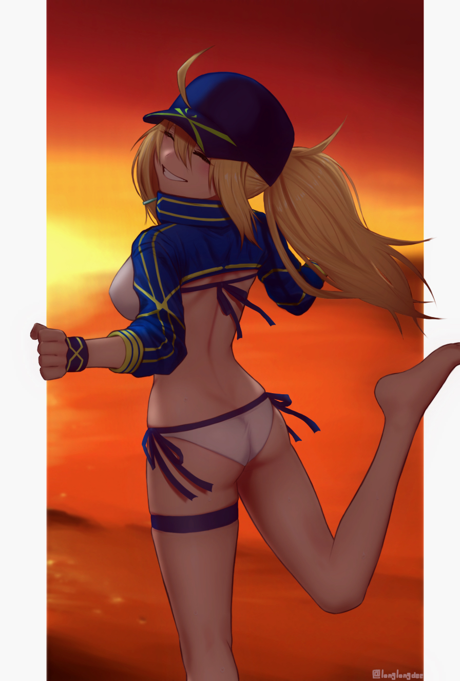 1girl ahoge artist_name artoria_pendragon_(all) ass bangs bare_back barefoot bikini blonde_hair blue_headwear blue_shirt border breasts closed_eyes collared_shirt crop_top fate/grand_order fate_(series) from_behind getterark hair_between_eyes hat highres leg_up legs long_hair long_sleeves looking_at_viewer looking_back medium_breasts mysterious_heroine_xx_(fate) open_mouth outside_border outstretched_arms ponytail red_sky running shirt sidelocks sky smile solo sunset swimsuit teeth thigh_strap thighs white_bikini wrist_cuffs