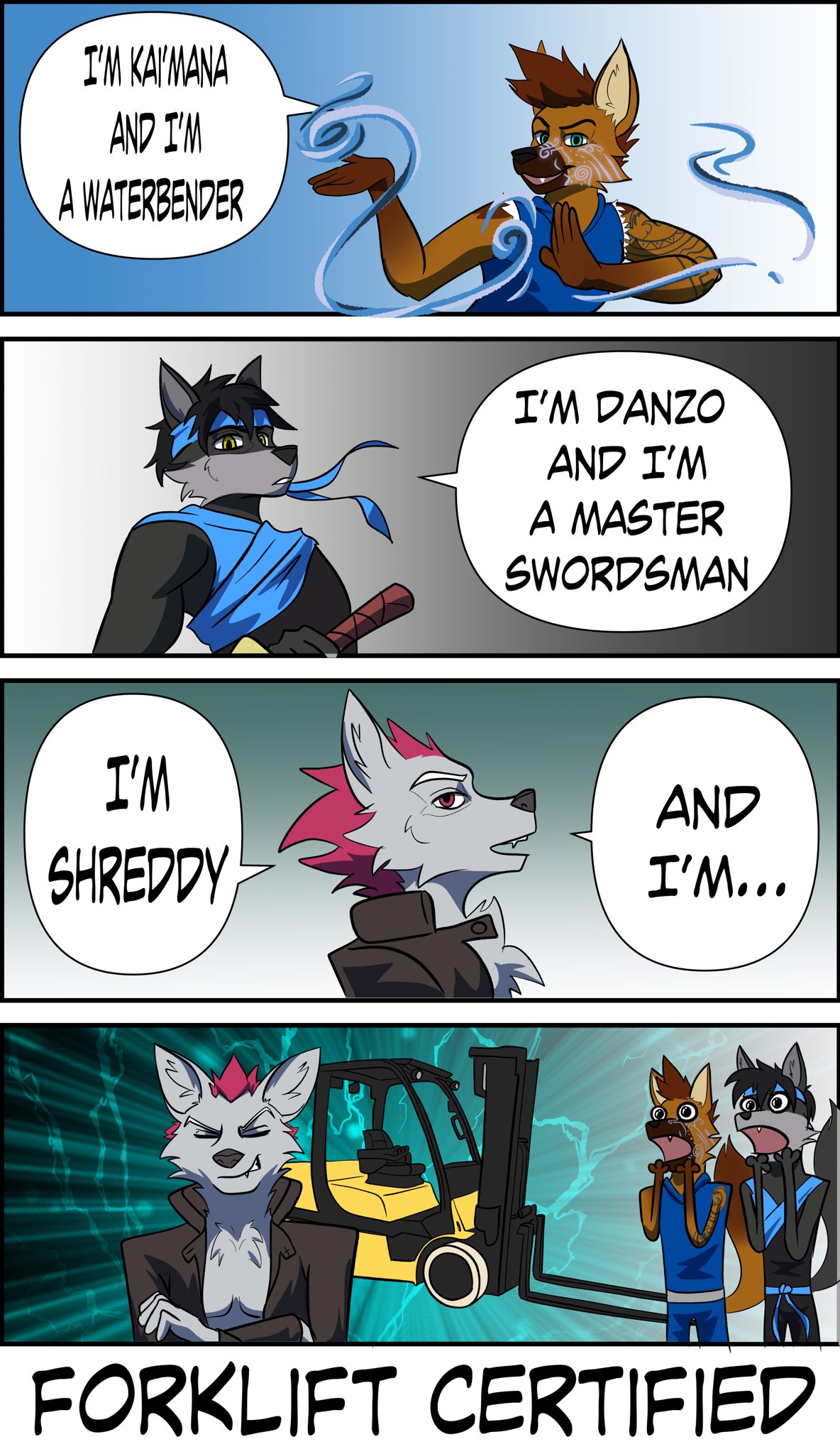 2021 accessory anthro canid canine canis clothed clothing comic dialogue elemental_manipulation english_text eyes_closed forklift fox group hair headband hi_res humor magic magic_user male mammal maned_wolf markings melee_weapon open_mouth sheathed_weapon shreddy_(shreddyfox) shreddyfox smile smirk sword text vehicle water water_manipulation weapon wide_eyed wolf