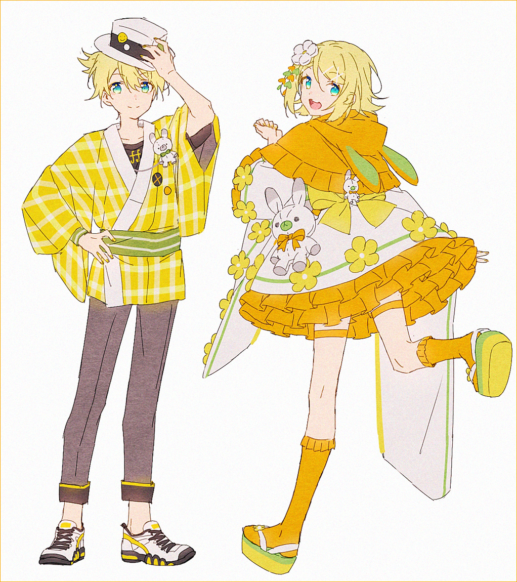 1boy 1girl alternate_costume animal_ears aqua_eyes arm_at_side back_bow blonde_hair blush_stickers bow capelet clenched_hand closed_mouth collarbone commentary dot_nose fake_animal_ears fingernails flower fortissimo frilled_capelet frilled_kimono frills from_behind full_body green_ribbon grey_pants hair_flower hair_ornament hairclip hakusai_(tiahszld) hand_on_headwear hand_on_hip hand_up happy hat japanese_clothes kagamine_len kagamine_rin kimono leg_up looking_at_viewer looking_back musical_note musical_note_print okobo open_mouth orange_capelet orange_legwear orange_ribbon orange_theme pants pin plaid plaid_kimono ribbon round_teeth shoes short_hair short_kimono simple_background smiley_face sneakers socks standing standing_on_one_leg striped striped_sash stuffed_animal stuffed_bunny stuffed_toy symbol_commentary tareme teeth thigh_strap upper_teeth vocaloid white_background white_flower white_headwear white_kimono x_hair_ornament yellow_bow yellow_flower yellow_footwear yellow_kimono yellow_nails yellow_theme