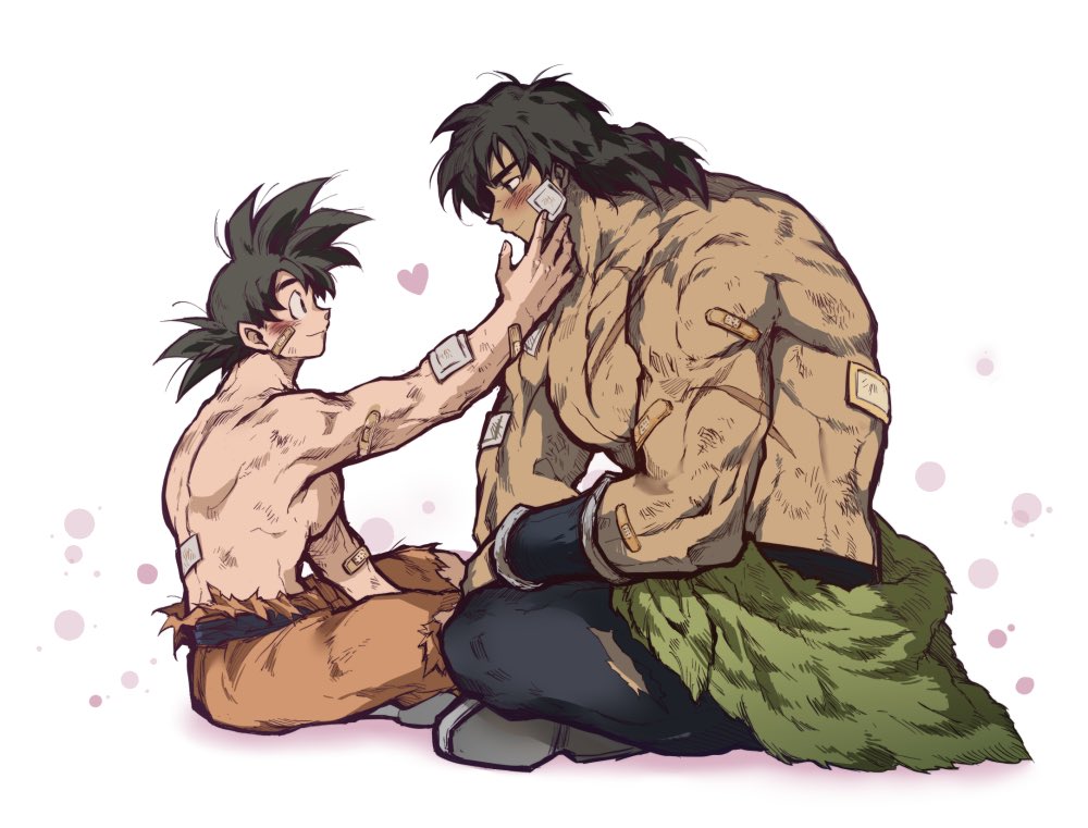 2boys abs bara black_eyes black_hair blush broly_(dragon_ball_super) bruise bruise_on_face bulge clothes_around_waist couple crossed_legs dark_skin dark_skinned_male dragon_ball dragon_ball_super dragon_ball_super_broly eye_contact from_side hand_on_another's_face hano_(hanos91) injury interracial large_pectorals looking_at_another male_cleavage male_focus medium_hair multiple_boys muscular muscular_male nipples pants scar scar_on_cheek scar_on_chest scar_on_face shirt shirt_around_waist shirtless short_hair size_difference son_goku spiked_hair stomach torn_clothes torn_pants yaoi