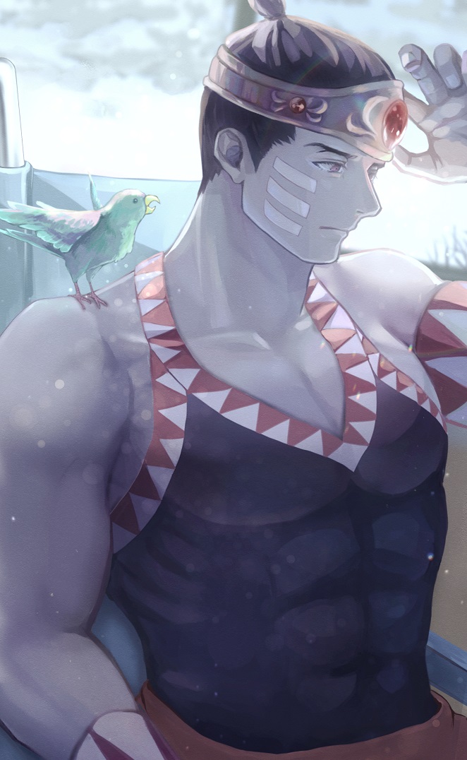 1boy abs adjusting_clothes adjusting_headwear animal animal_on_shoulder arm_at_side arm_up bare_shoulders biceps bird bird_on_shoulder black_tank_top brown_eyes brown_hair circlet closed_mouth cloud cloudy_sky collarbone commentary covered_abs day fingernails gyakuten_saiban gyakuten_saiban_2 kinoshita_daisuke looking_down looking_to_the_side male_cleavage male_focus muscular muscular_male on_shoulder pectorals sakota_(sakota_6box) short_hair sky sleeveless solo tank_top topknot upper_body