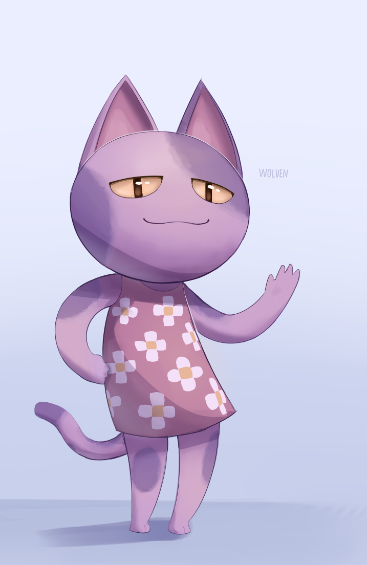 2016 ambiguous_gender animal_crossing anthro biped bob_(animal_crossing) clothing domestic_cat dress english_text felid feline felis flower_pattern itswolven large_head looking_at_viewer mammal nintendo paws pupils purple_body signature slit_pupils smile solo standing text video_games waving_hand yellow_eyes