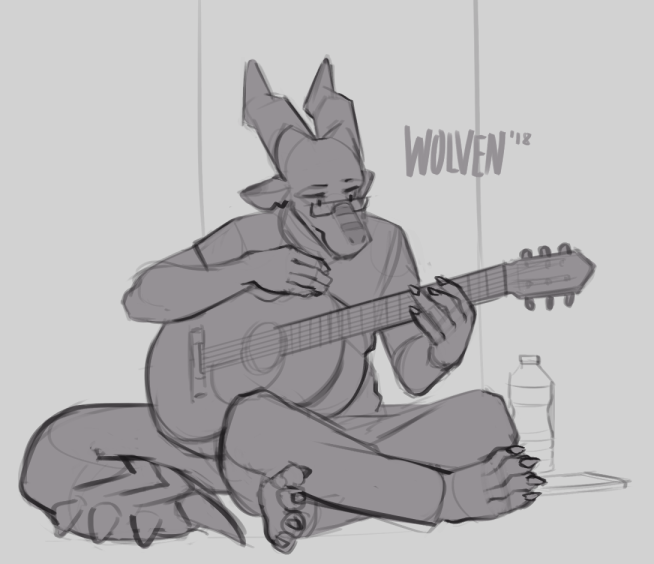 2018 anthro biped bottomwear claws clothed clothing crossed_legs dragon english_text eyewear glasses guitar horn itswolven male monochrome musical_instrument pants paws playing_guitar playing_music plucked_string_instrument shirt signature sitting sketch solo spiked_tail spikes spikes_(anatomy) string_instrument text topwear vynn_(itswolven) water_bottle