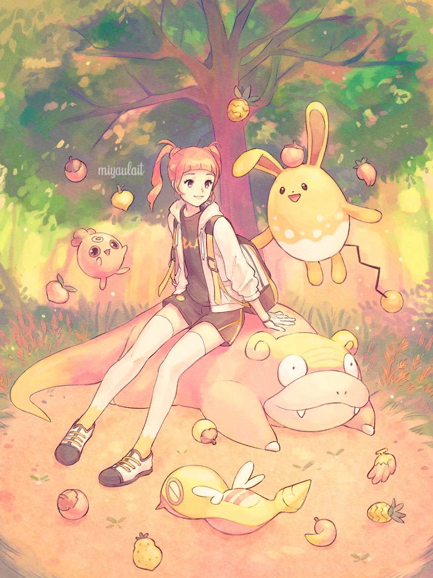1girl alternate_hair_color alternate_hairstyle artist_name azumarill backpack bag bangs berry_(pokemon) blunt_bangs day dunsparce galarian_form galarian_slowpoke gen_2_pokemon gen_8_pokemon gloria_(pokemon) gloves hood hoodie igglybuff looking_to_the_side miyaulait open_clothes open_hoodie outdoors parted_lips pigeon-toed pokemon pokemon_(creature) pokemon_(game) pokemon_swsh shoes sitting smile thighhighs tree twintails watermark white_legwear